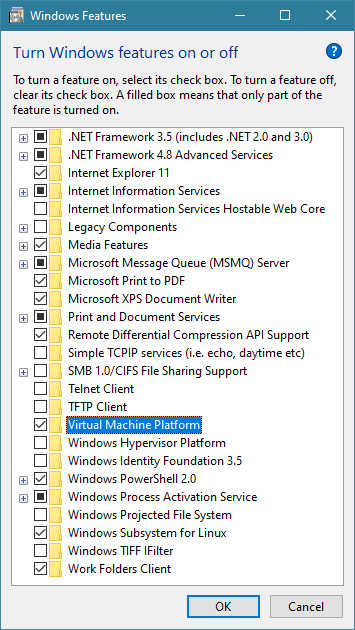 Enabling WSL and virtual machine platform features in Windows 10.