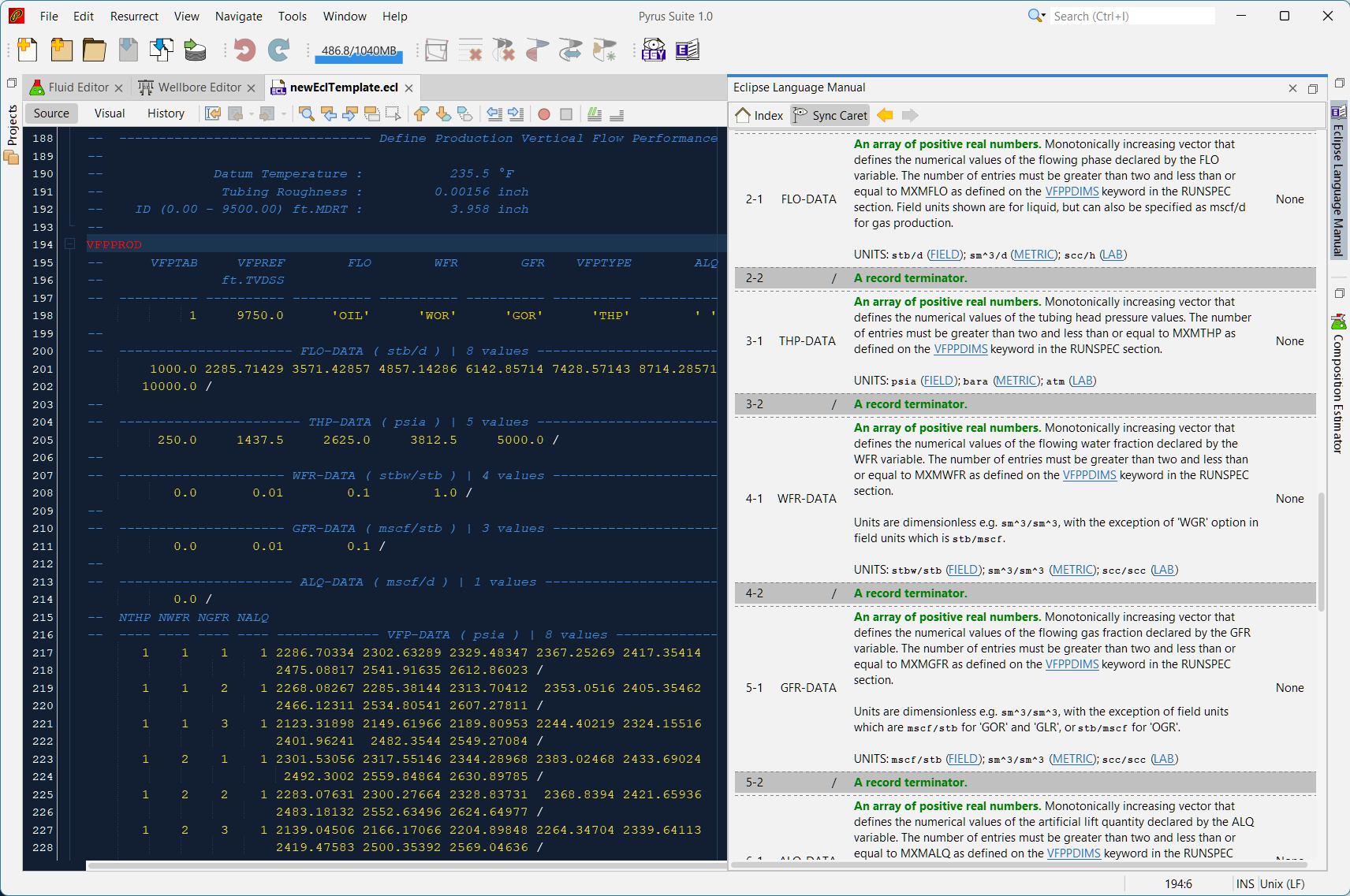 The VFPPROD keyword in a reservoir simulation deck and context sensitive help in Pyrus.