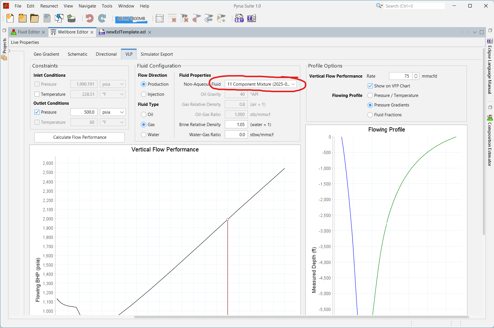 Linking fluid from Fluid Editor to Wellbore Editor and creating single VFP curve for a given tubing head pressure.