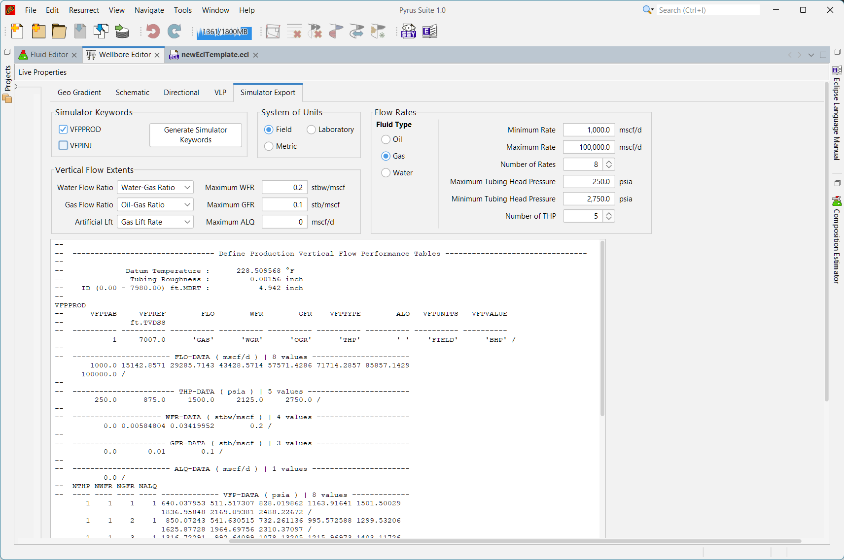 Generated VFPPROD keyword for our example wellbore and chosen fluid